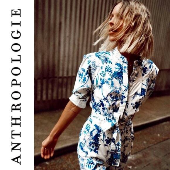 ANTHROPOLOGIE NWT Blue and White Floral Belted Jumpsuit Romper – Size 12 Large - Picture 1 of 13